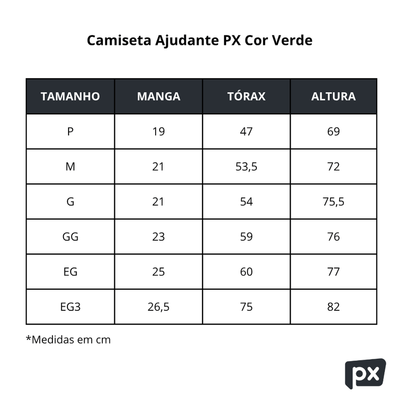 Camiseta-Ajudante-PX-Cor-Verde-Tabela-de-Medidas
